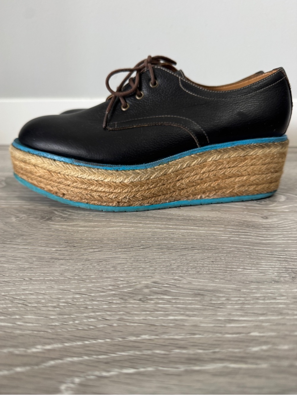 John Fluevog Espadrille Martin Platform Oxfords Black Leather Sz 6 Rare - Picture 6 of 11
